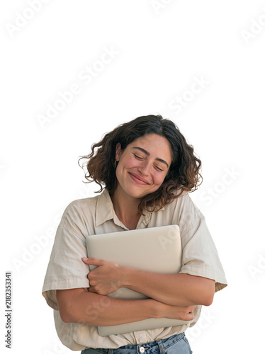 Happy young woman hugging her laptop computer with affection and closed eyes isolated on black isolated on transparent or white background, png