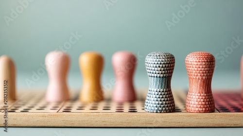 close-up of cribbage pegs on board, pastel background