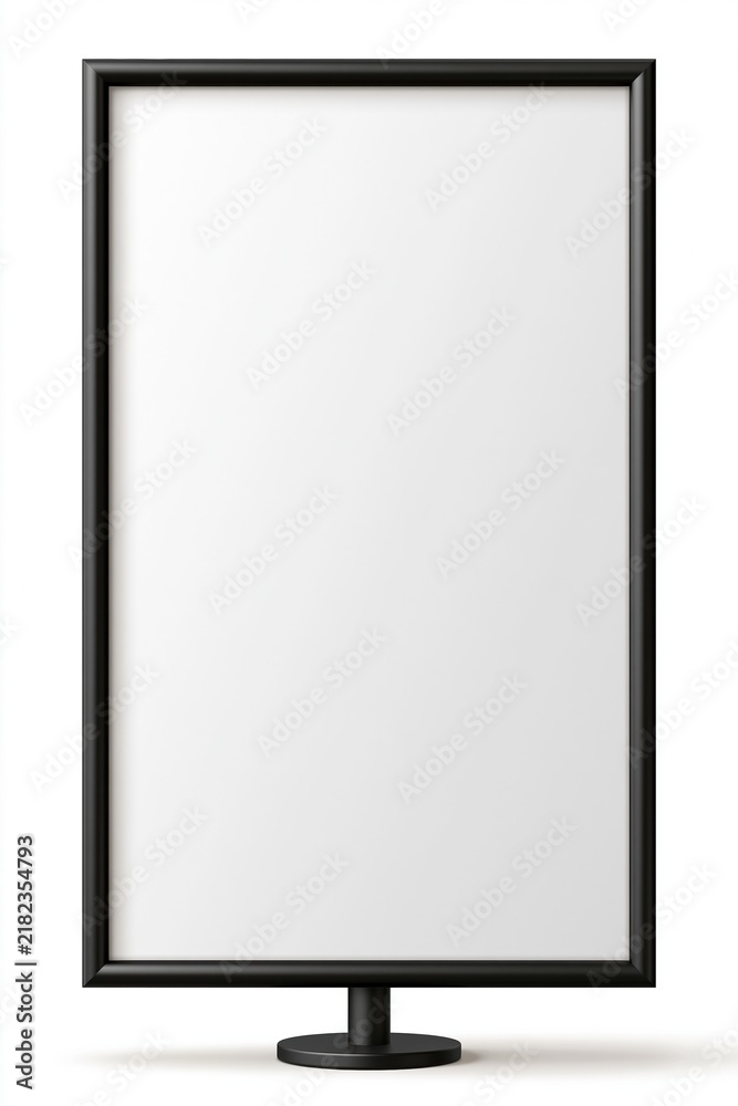 Fototapeta premium Blank Vertical Digital Display Screen with Black Frame and Stand on White Background