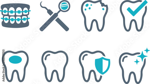 Dental care icons depict teeth tools and oral health treatments