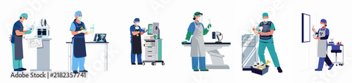Set of medical professional characters working with advanced healthcare equipment and technology in clinical settings, flat vector illustration.
