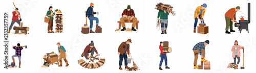 Set of Illustrations Featuring People Performing Various Firewood Related Tasks Like Splitting Stacking and Carrying Wood for Heating