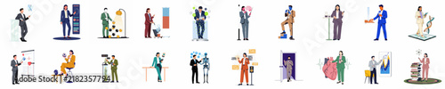 Large collection of isometric business and technology illustrations featuring people, robots, AI, and modern digital concepts for professional presentations and web design.