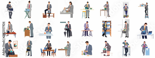 Set of illustrations showing business professionals in suits performing various household chores like cleaning, cooking, and ironing, illustrating work-life balance and domestic duties.