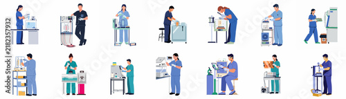 Set of Medical Professionals Working with Laboratory and Hospital Equipment, Flat Illustration Style
