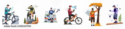 Collection of flat vector illustrations depicting mountain bikers in various outdoor adventure scenarios on a white background.