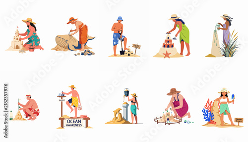 Collection of diverse people building various sandcastles and sculptures on a sunny beach, summer vacation activities vector illustration set.