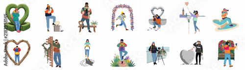 A collection of colorful flat illustrations depicting people traveling, sightseeing, and posing at various tourist locations with heart-themed decorations and natural landscapes.