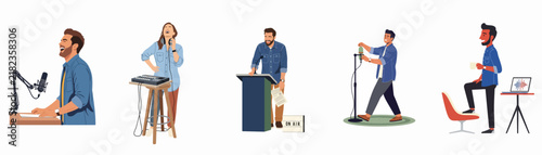 Set of diverse professional characters in denim shirts engaged in podcasting, public speaking, broadcasting, and presentation activities against a white background.