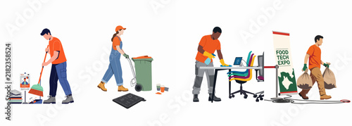 Set of janitorial staff illustrations featuring workers sweeping, moving trash bins, cleaning office desks, and carrying garbage bags on white background.