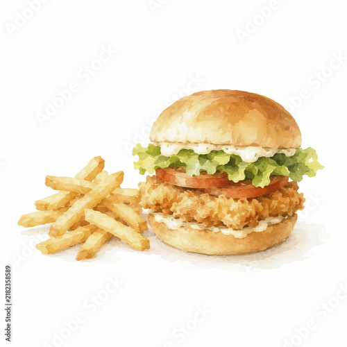 Minimalist Watercolor Fast Food Collection with Burgers, Fried Chicken, Pizza, Fries and Popular Street Food