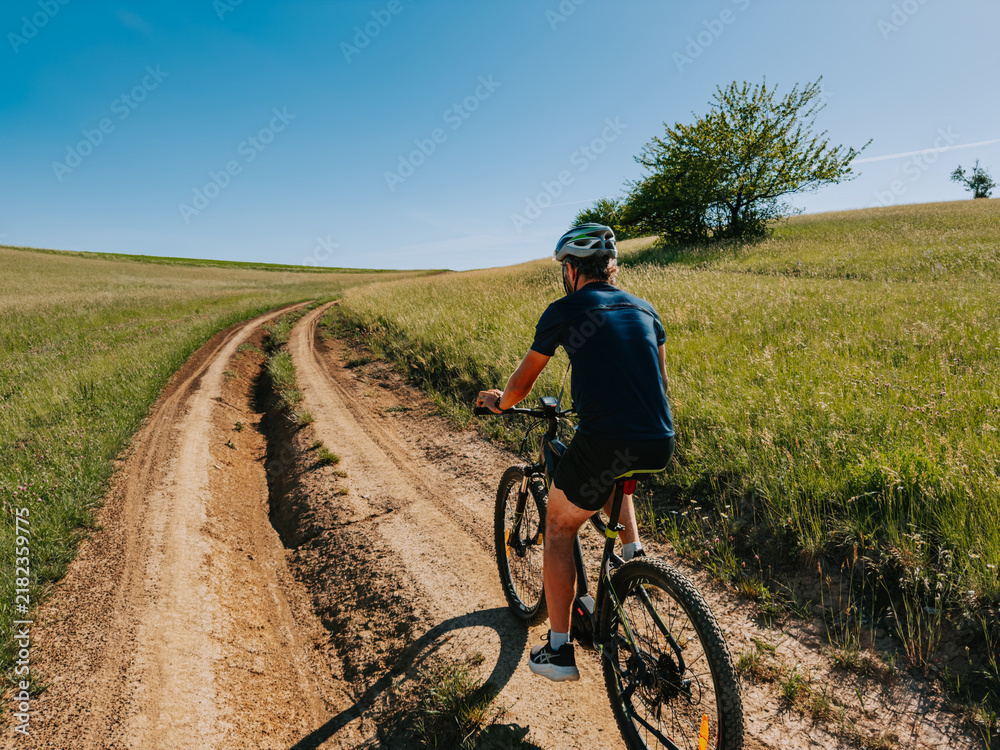 Fototapeta premium A lone mountain biker riding along a dirt path through peaceful meadows in Gemer, Slovakia.