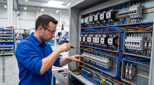 Obraz w ramie Electrician works on industrial control panel, representative of technology, industry, and skilled labor, showcasing intricate wiring and components