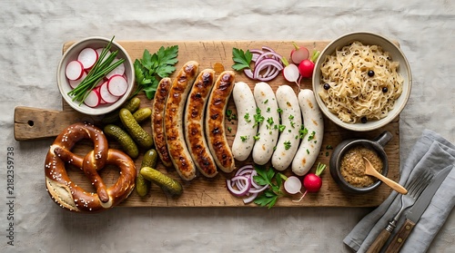 German bratwurst platter with pretzel sauerkraut and pickles on wood