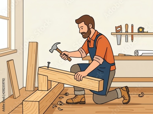 Professional carpenter hammering a nail into wood at workbench vector illustration