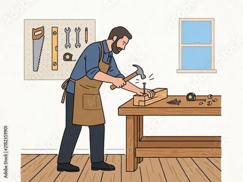 Vector cartoon of a carpenter working on woodworking project