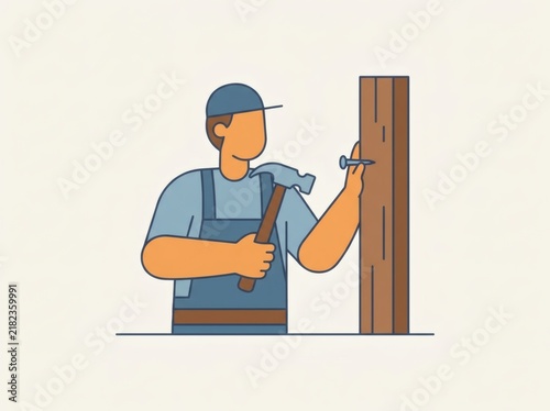 Woodworker in workshop building furniture with hammer and planks