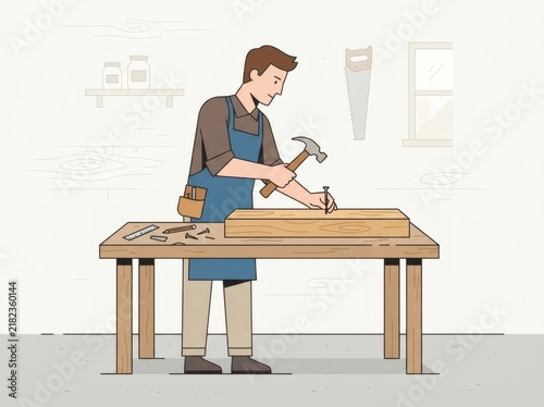 Professional carpenter hammering a nail into wood at workbench vector illustration