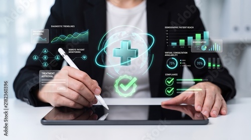 Fotografía healthcare management and digital medical dashboard concept showing professional analyzing patient data with diagnostic trendlines, remote monitoring, and treatment approval interface on tablet