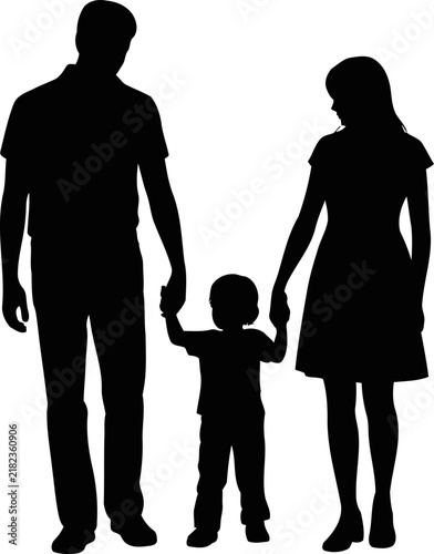 Black silhouette of a family consisting of a father, mother, and a small child holding hands on a white background isolated.