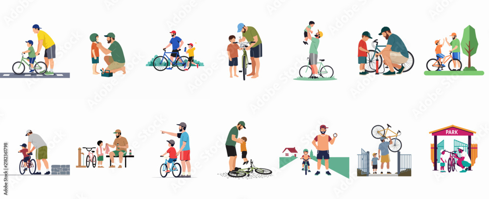 Fototapeta premium Collection of illustrations showing fathers teaching their children how to ride bicycles and bonding over cycling activities in a flat vector style.