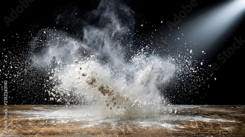 Dynamic explosion of white baking flour on rustic wooden table demonstrating energetic culinary creativity and the chaotic joy of food preparation