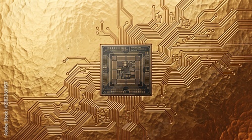 AI Neural Core Synaptic Processor on Golden Circuit Board with Intricate Traces, Representing Advanced Technology and Innovation