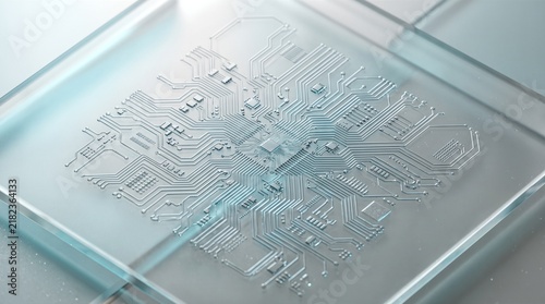 Obraz na płótnie Abstract microchip pattern on a translucent glass panel, symbolizing advanced technology and innovation