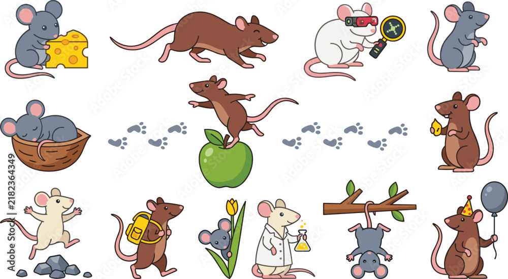 Obraz premium Cute Little Mouse and Rat Vector Character Set Showing Funny Rodents Eating Cheese Running Sleeping and Celebrating for Children Graphic Designs