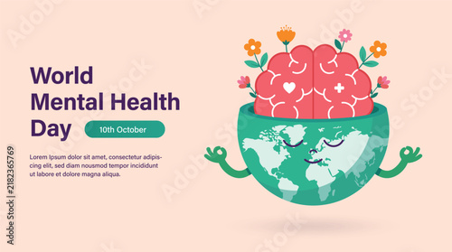 World Mental Health Day concept vector banner with brain emerging from meditating earth globe with blooming flowers, flat style layout for psychology awareness poster design