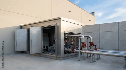 Modern industrial utility infrastructure featuring an advanced outdoor equipment enclosure with intricate piping and control valves, providing essential services to a commercial facility