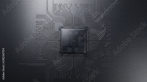 Dark Metallic Circuit Board Background with Central Computer Processor and Etched Traces