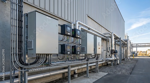Modern industrial building exterior with complex network of electrical conduits, utility pipes, and control panels, showcasing advanced infrastructure and energy distribution systems