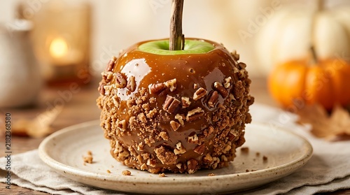 Gourmet caramel apple with chopped pecans on a white plate