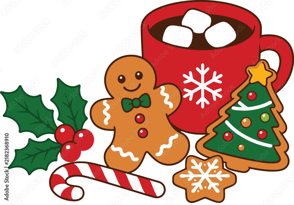 Naklejka premium Festive winter treats including hot cocoa gingerbread and christmas tree cookies