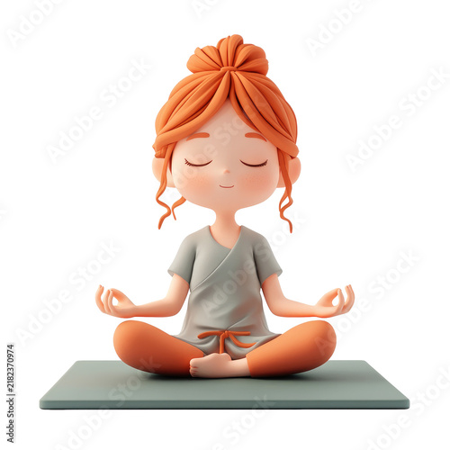 The image features a cute, cartoon style figure of a girl sitting in a cross legged meditative pose on a smooth, rectangular platform