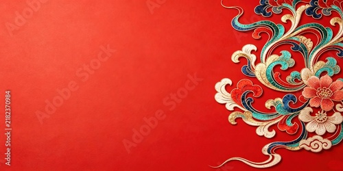 Red Red Flowers Clouds Gold Embroidery Style Right