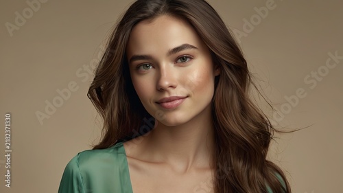 Young brunette woman with voluminous wavy hair smiles softly in a stylish beauty portrait.