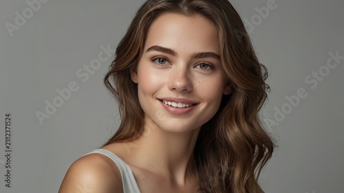 Woman with radiant smile and wavy brunette hair poses against a neutral grey studio background.