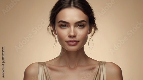 Woman with elegant updo hair looks directly forward against a warm beige background.