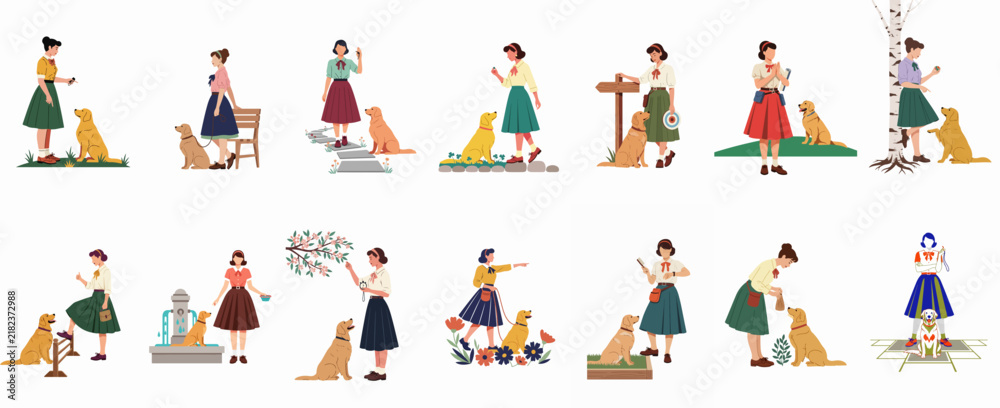 Fototapeta premium Set of flat vector illustrations depicting a young woman interacting with her golden retriever dog in various lifestyle and outdoor scenes.