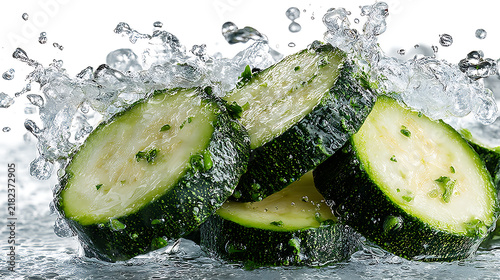 Fresh Green Avocado and Cucumber Slices Floating on Water with Healthy Ingredients on White Background