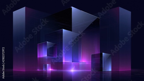 Abstract 3D Geometric Shapes with Neon Light Glow and Reflections