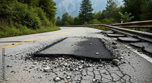 Damaged asphalt road with deep potholes and gravel on mountain highway