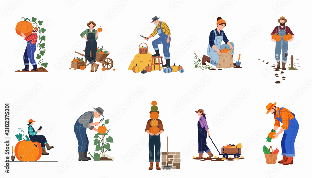 Fototapeta premium Set of diverse farmers and gardeners harvesting pumpkins and vegetables in a flat illustration style for autumn agriculture themes.