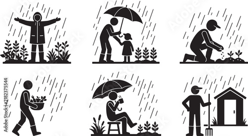 Stick figure icons of people gardening and relaxing in the rain as a black and white vector set