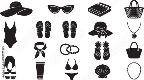 Set of summer beach vacation icons featuring clothing accessories and travel items in black silhouette vector style