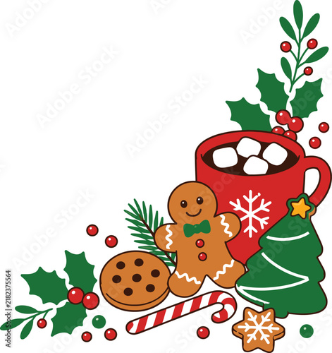 Festive christmas corner border illustration featuring a red mug of hot cocoa gingerbread man and holiday cookies