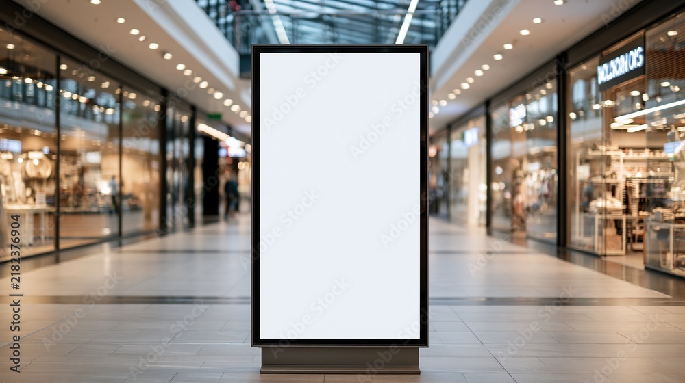 Fototapeta premium Blank Digital Billboard Display in Modern Shopping Mall Corridor with Retail Stores