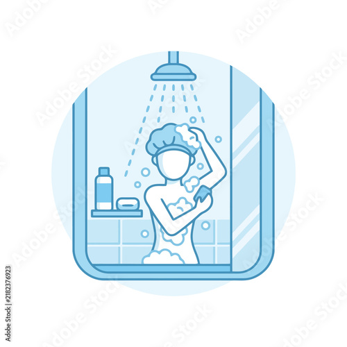 Person showering with soap.